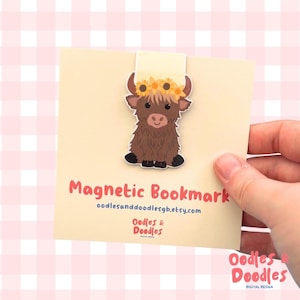 Highland Cow Magnetic Bookmark | Sunflower Crown, Cute Page Marker