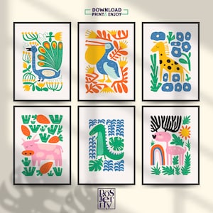 Whimsical Animal Art Print Set de 6, Jungle Safari Nursery Wall Art Bundle, carteles de animales coloridos, decoración de la habitación para niños, regalo para niños