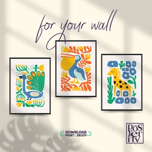 Caprichoso animal arte impresión conjunto de 3, arte de la pared del vivero safari de la selva, carteles de animales coloridos, decoración de la habitación de los niños, regalo para los niños