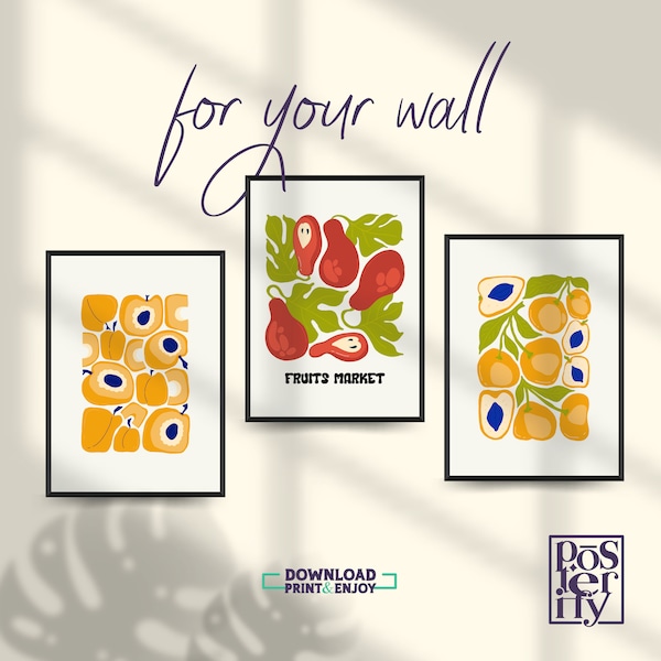 Fruits Market Art Print Set of 3 Large Printable Poster, Nature Abstract Modern Digital Download Wall Art, Downloadable Home Decoration Gift