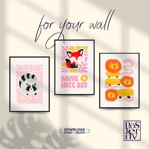 Skurrile Tier-Kunstdruck-Set, wunderliche Tierposter, positive Wanddekoration, rosa und gelbe Kinderzimmerwandkunst, Geschenk für Kinder