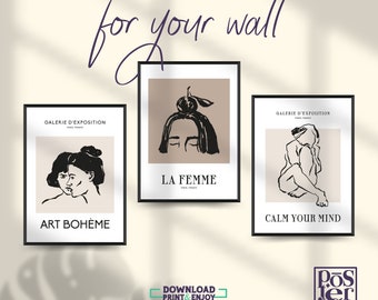 Feminist Boho Art Print Set of 3, Abstract Line Art Poster, Inspirational Wall Decor, Digital Download Modern Home Art, Perfect Gift for Her