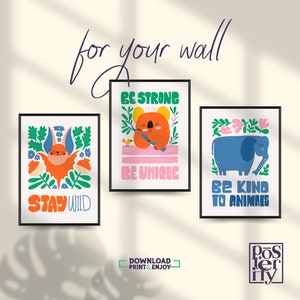 Conjunto de impresión de arte animal motivacional, decoración de la habitación para niños, arte de la pared de la guardería, citas inspiradoras y animales lindos, regalo para la decoración de la pared de los niños