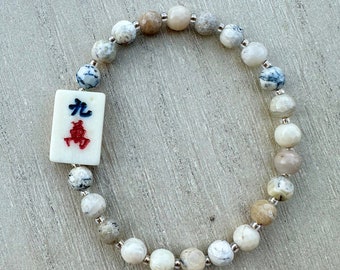 Mahjong Gemstone Bracelet With Mah-jongg Tile Jewelry Unique Mah jong Charm Bracelet Handmade Maj Gift for Women