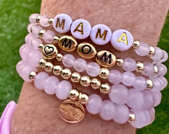 Gift for Mom Bracelet Mommy Beaded Bracelet Mama Personalized Word Stretch Bracelet Present for Mother's Day Personalized Gift Rose Quartz