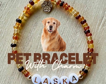 May include: A brown and gold beaded bracelet with a gold paw print charm and white beads spelling "LASKA".