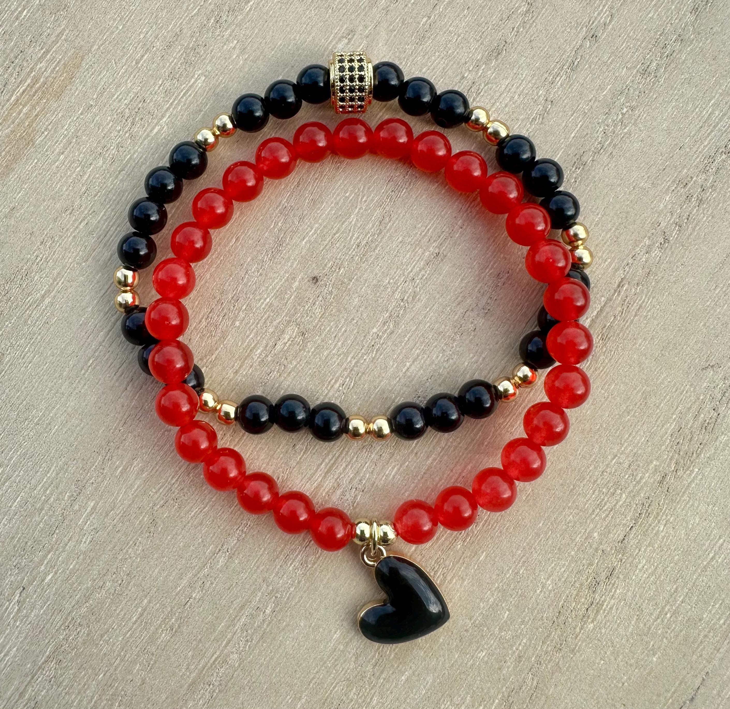 Valentine Bracelet Heart Charm Love Jewelry Gift for Her Girlfriend Valentine's Day Stretch Beaded Red and Black Gemstone Bracelet Stack