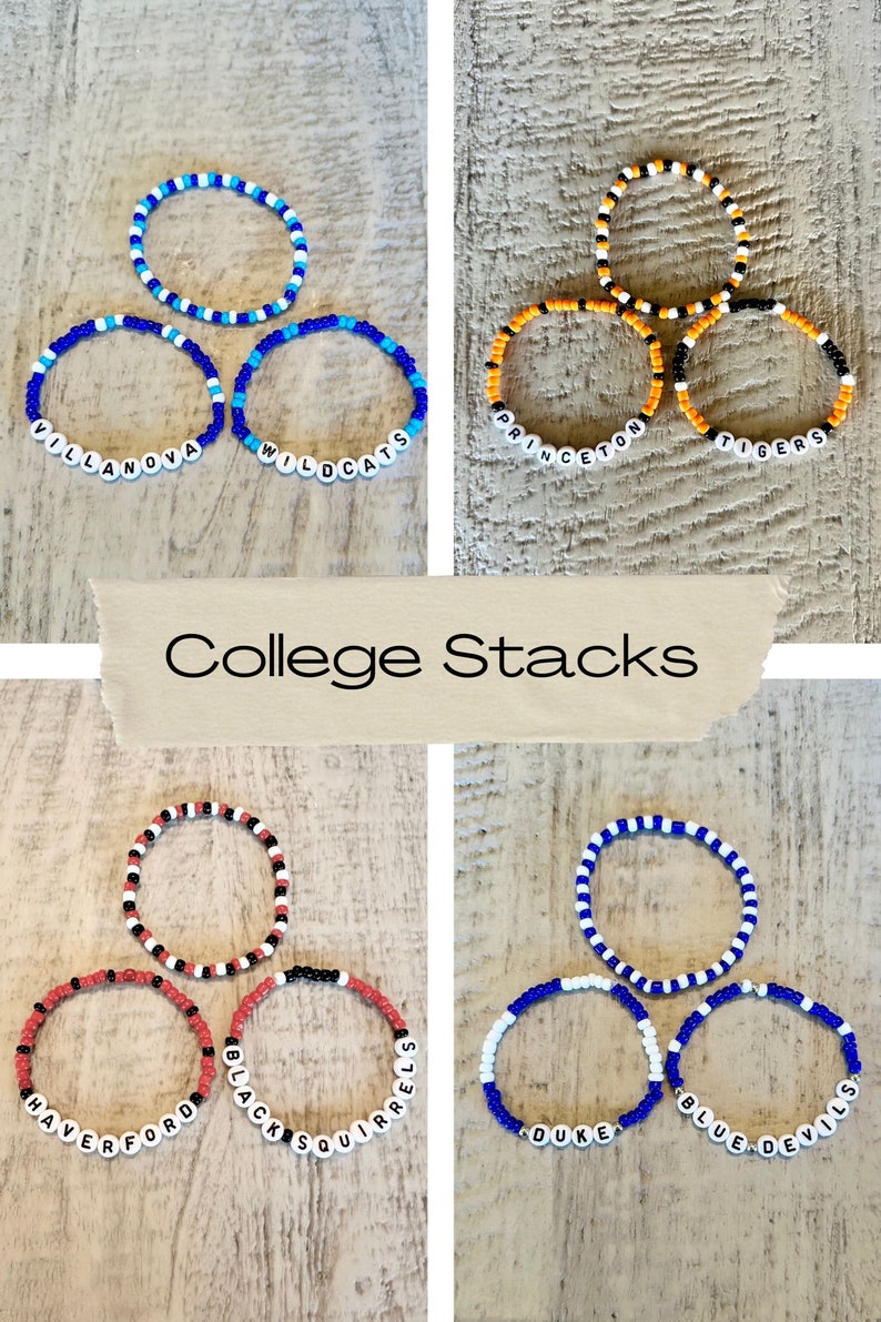 4 sets of college bracelets. Villanova Wildcats, Princeton Tigers, Haverford Black Squirrels, and Duke Blue Devils.