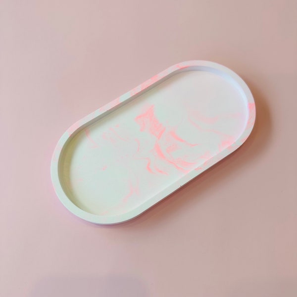 Dekotablett Neon Keramik in Marmor Optik ovales Tablett für Schmuck oder Dekoration