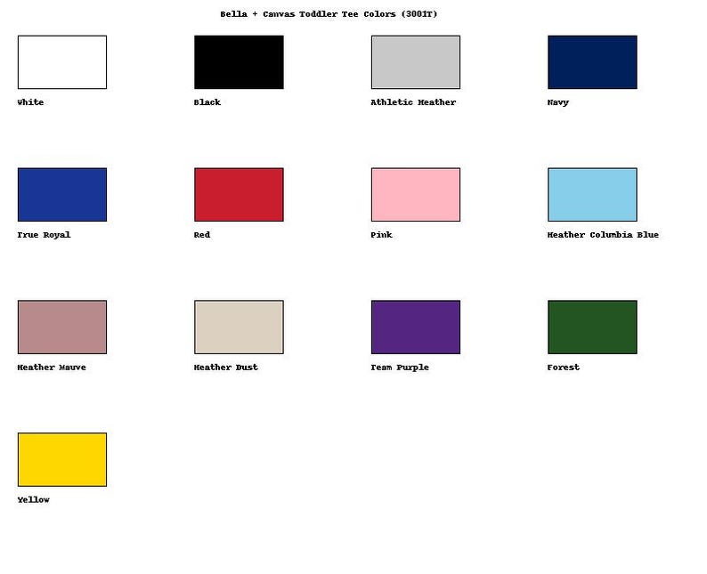 May include: A color chart for Bella + Canvas toddler tee shirts, featuring swatches of various colors. Colors include white, black, athletic heather, navy, true royal, red, pink, heather columbia blue, heather mauve, heather dust, team purple, forest, and yellow.