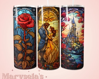 La Bella y la Bestia Vidriera Vaso de 20 oz, Vaso de la Bella y la Bestia, Vasos de princesa, regalos de Disney