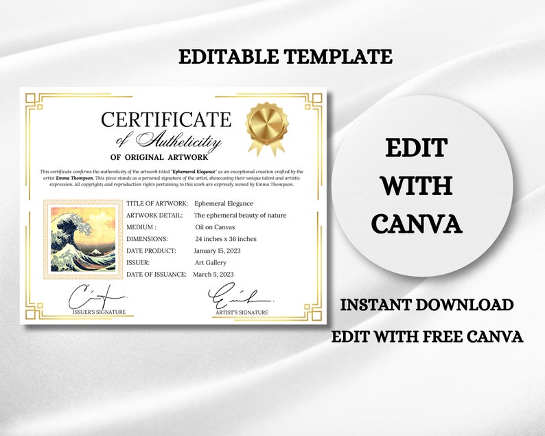 Certificat d'authenticité modifiable pour le modèle d'oeuvre d'art