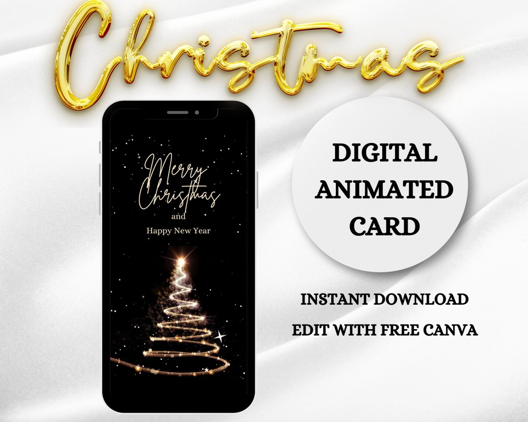 Digital Animated Merry Christmas Tree Card, Electronic Video Ecard, Holiday Xmas, Editable Text