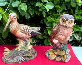 Dos figuras vintage de agachadiza común Gallinago Gallinago y cárabo Strix Aluco en pedestal