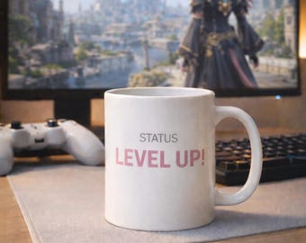 Status Level Up Gaming Mug, MMORPG Coffee Cup, Fantasy RPG Desk Mug