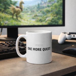 Taza de juego One More Quest, taza de café minimalista de rol