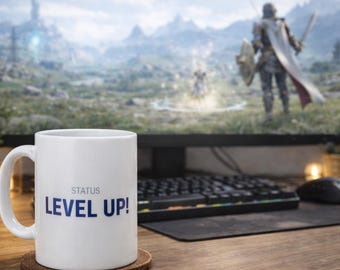 Status Level Up! Minimalist Gaming Mug, Blue MMORPG Coffee Cup