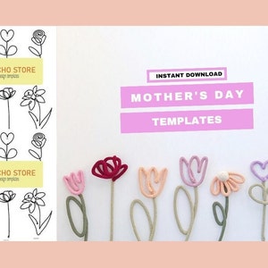 May include: A printable set of Mother's Day templates featuring simple line drawings of flowers. The image also shows a row of handmade crocheted flowers in various colours, including pink, red, purple, and orange.