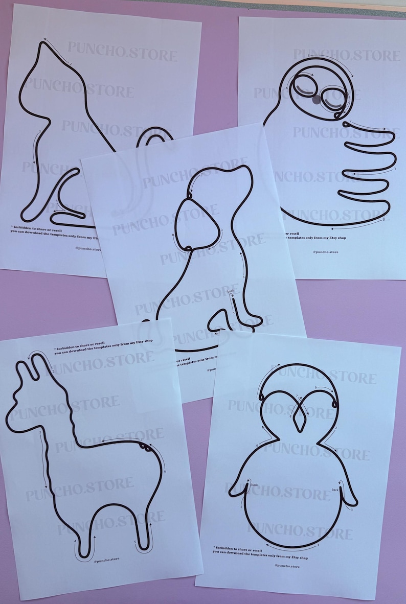 Cute Nursery Wall Hanging Shapes For Bending Wire Art, Tricotin Bundles For French Knitting, I-cord Printable Template, Kids Room Decoration cat dog alpaca penguin sloth