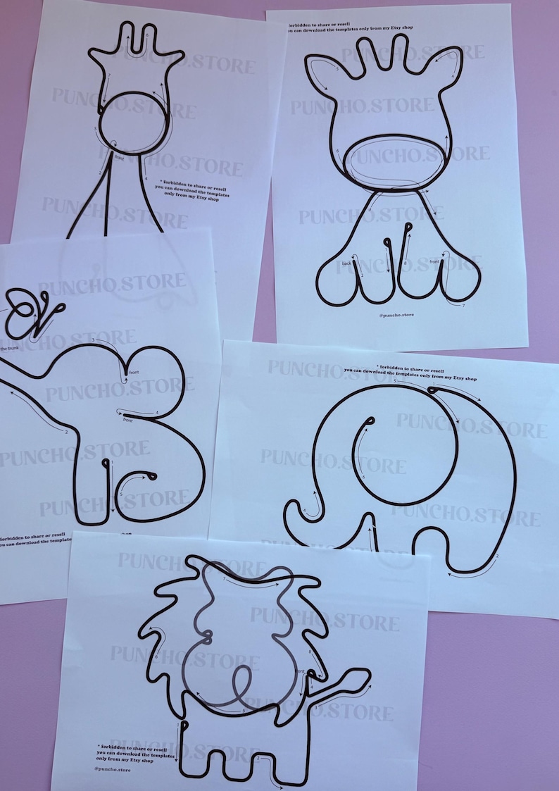 Cute Nursery Wall Hanging Shapes For Bending Wire Art, Tricotin Bundles For French Knitting, I-cord Printable Template, Kids Room Decoration giraffe elephant lion
