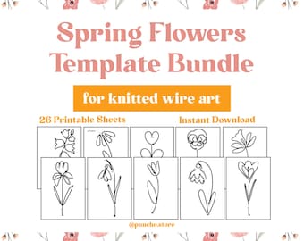 May include: A printable template bundle for knitted wire art featuring 26 different flower designs. The designs include a variety of spring flowers, such as tulips, daffodils, and lilies. The template is perfect for creating unique and beautiful wire art projects.
