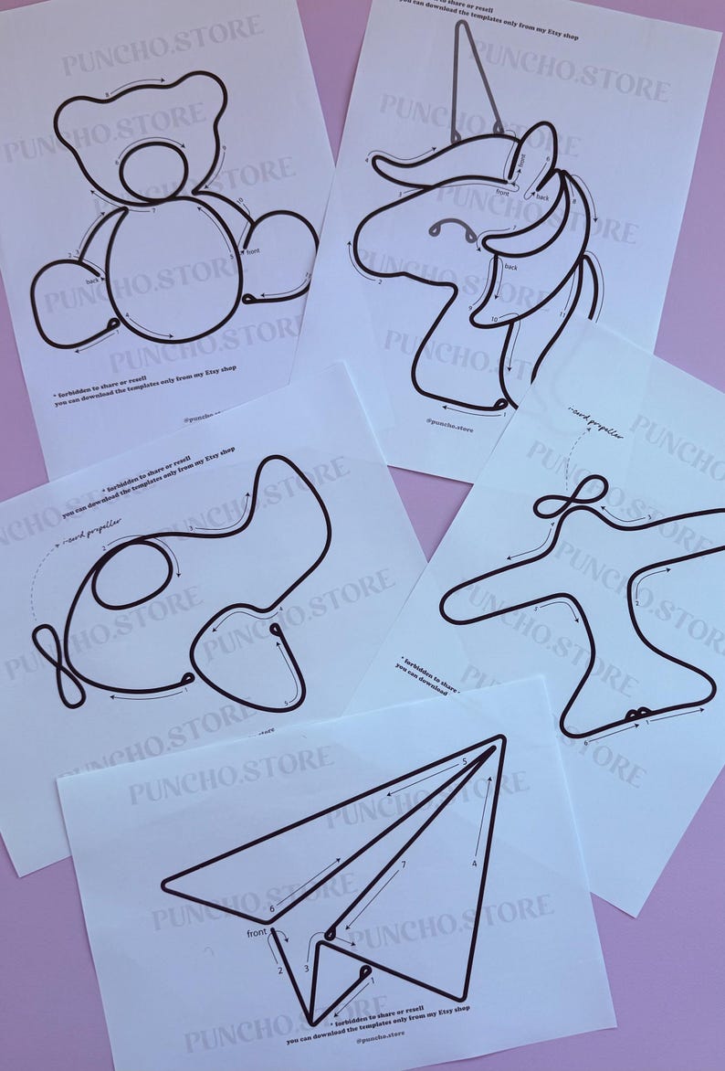 Cute Nursery Wall Hanging Shapes For Bending Wire Art, Tricotin Bundles For French Knitting, I-cord Printable Template, Kids Room Decoration airplane paper plane unicorn teddy bear