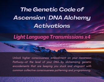 Puede incluir: Gráfico digital con un fondo degradado púrpura y azul, con texto que dice "The Genetic Code of Ascension | DNA Alchemy Activations" y "Light Language Transmissions x4". Se ve una cordillera.