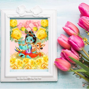 フルートを持つベビークリシュナ | ベビークリシュナアート | ウォールアート | ヒンドゥーアート | ヒンズー教 | クリシュナ神 | ベビークリシュナ | インドアート | ギフトのアイデア | デシ