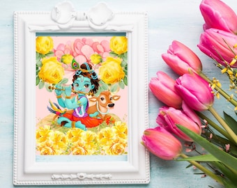 Bébé Krishna avec flûte | Bébé Krishna Art | Art mural | Art hindou | Hindouisme | Seigneur Krishna | Bébé Krishna | Art indien | Idées cadeaux | Desi