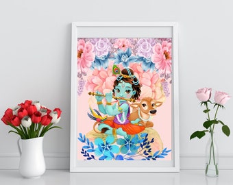 Bébé Krishna avec flûte | Bébé Krishna Art | Art mural | Art hindou | Hindouisme | Seigneur Krishna | Bébé Krishna | Art indien | Idées cadeaux | Desi