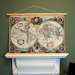 Antique World Map 1630s by Hondius - Art Print on Cotton Canvas 36.5inx24.5in, Home or Office Decor, Ideal Gift