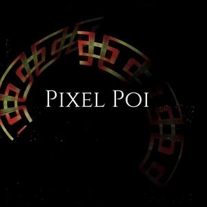 May include: A black background with the white text "PIXEL POI". A semi-circular design in red, yellow, and green surrounds the text. The design is made up of repeating geometric shapes.