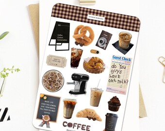 Coffee Themed Printable Sticker Sheet | Aesthetic Junk Journal Sticker Sheet | Vintage Scrapbook Stickers |  A5 Brown Planner Stickers