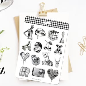 Chrome Aesthetic Junk Journal Sticker Sheet | Printable Sticker Sheet | Silver Planner Stickers | Digital Scrapbook | A5 journal Supplies