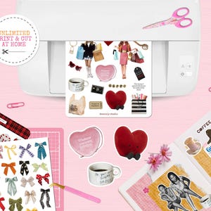 Shopping Retail Therapy sticker sheets being printed at home, surrounded by journaling supplies like scissors, journal, and colorful stickers | Animated Canva Printer Mockup