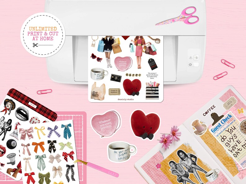 Shopping Retail Therapy sticker sheets being printed at home, surrounded by journaling supplies like scissors, journal, and colorful stickers | Animated Canva Printer Mockup