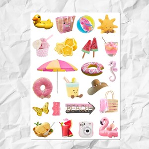 Pink Poolside Printable Sticker Sheet | Summer Vacation Junk Journal | Pink Yellow Beach Picnic Day | Pool Party Aesthetic | DigitalDownload