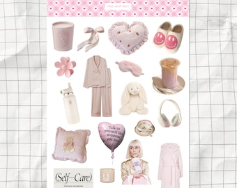 SelfCare Junk Journal Sticker Sheet | Printable Aesthetic Stickers | Cute DIY Stickers | A5 journal Supplies | Digital Scrapbook Journal