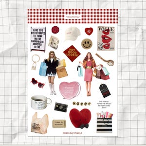 Shopping Retail Therapy Red theme printable sticker sheet with smiley faces, hearts, and fashion items.