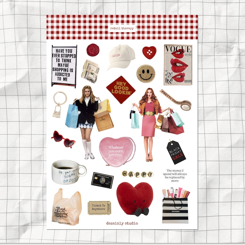 Shopping Retail Therapy Red theme printable sticker sheet with smiley faces, hearts, and fashion items.