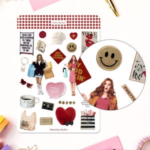 May include: A set of colorful stickers featuring a variety of designs, including a red heart, a smiley face, a shopping bag, and a quote about shopping. The stickers are perfect for adding a touch of personality to your planner, journal, or laptop.