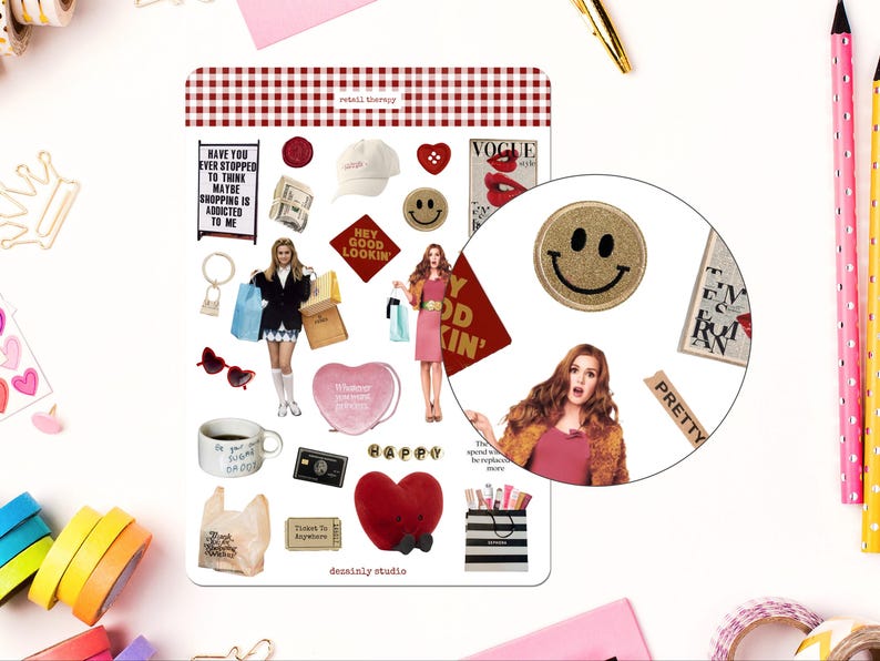 May include: A set of colorful stickers featuring a variety of designs, including a red heart, a smiley face, a shopping bag, and a quote about shopping. The stickers are perfect for adding a touch of personality to your planner, journal, or laptop.