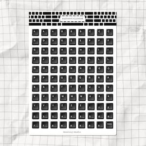 Black Keyboard Alphabet Printable Stickers | Keyboard Caps Letters & Numbers | Tech and Office Theme Scrapbook | Aesthetic A5 Junk Journal