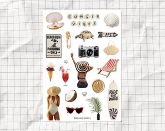 Summer Vibes Printable Sticker Sheet | Beach Aesthetic Junk Journal Stickers | Tropical Scrapbooking | A5 Vacation Planner Stickers