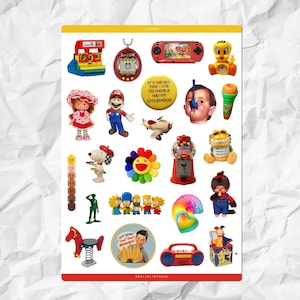 May include: A sticker sheet featuring various retro toys and characters. Includes a red and yellow arcade game, a Tamagotchi, a red handheld game console, a Tweety Bird clock, Strawberry Shortcake, Mario, and a gumball machine.