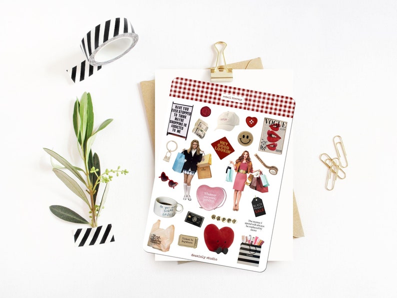 Shopping Retail Therapy Red theme printable sticker sheet with smiley faces, hearts, and fashion items.