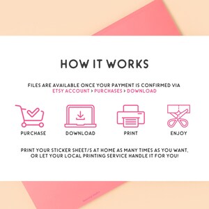 May include: How to download and print digital sticker sheets.  The steps are: purchase, download, print, and enjoy.  Print your sticker sheets at home as many times as you want, or let your local printing service handle it for you.