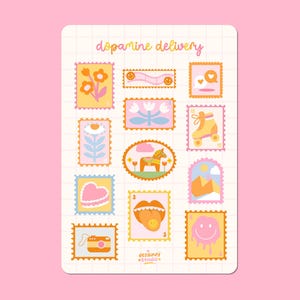 May include: A sheet of 12 colorful stickers with various designs, including flowers, hearts, a roller skate, a horse, a camera, and a smiley face. The stickers are in the shape of postage stamps and have a "dopamine delivery" title at the top.