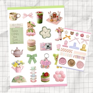 Sweet Spring Printable Sticker Sheet | Kawaii Spring stickers | Cute Pink & Green Cottagecore | Pastel Aesthetic Journal Stickers | Digital