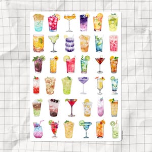 Watercolor Cocktails A5 Printable Sticker Sheet | Aesthetic Tropical Drinks | Junk Journal & Scrapbook Stickers | Happy Hour Stickers